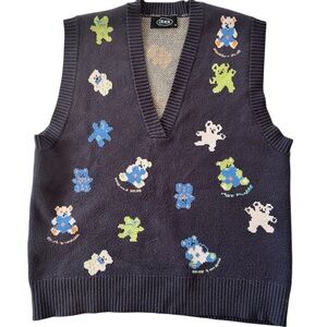Cider Sweater Vest Teddy Bear Print Women's Medium Wool Knit Blue Gray Preppy